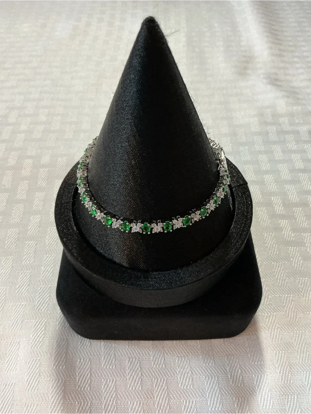 Emerald Green Rhinestone Silver Tone Line Bracelet